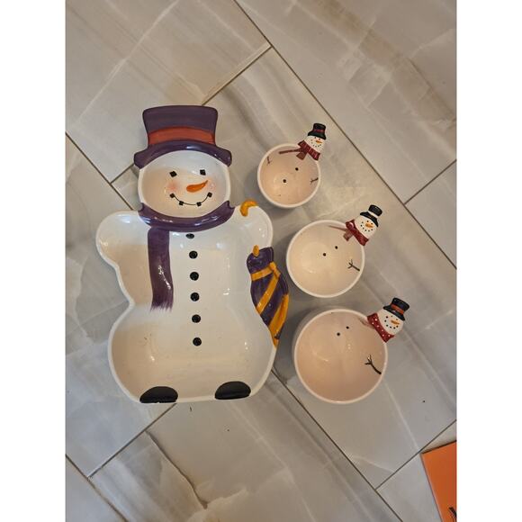 Snowman Ceramic Serving Dish Set 4 Pieces Holiday Christmas Bowls Platte - Picture 6 of 16
